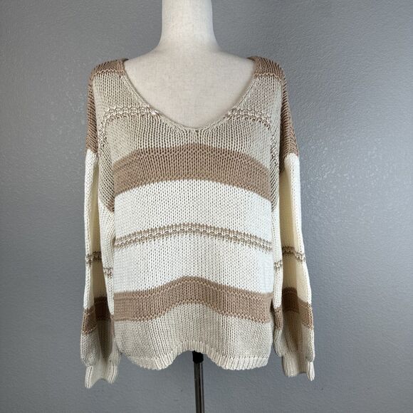 Magnolia Womens Boho V-Neck Pullover Sweater One Size Neutral Beige Ivory Stripe - Picture 1 of 6